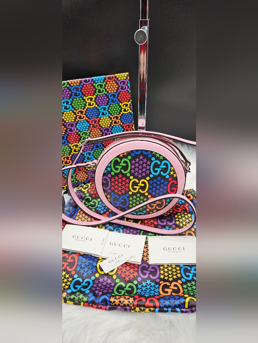 GUCCI Rainbow Psychedelic Round Shoulder Messenger Bag Purse Pink Handbag - Picture 4 of 17